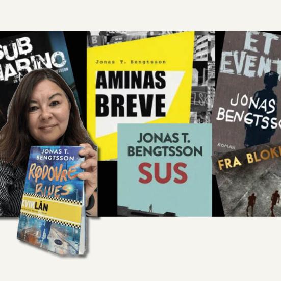 Heidi med bogen "Rødovre Blues" på en baggrund af Jonas T. Bengtssons bøger