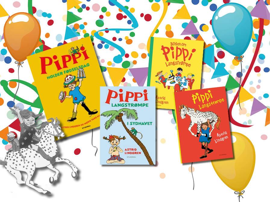 Pippi-bøger fra forlaget Gyldendal på baggrundsfoto fra Colourbox.dk 