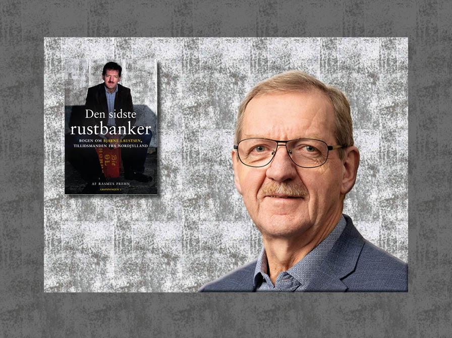 Portræt af Bjarne Laustsen og forsiden af bogen 